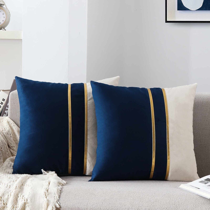 WACOMECO Velvet Throw Pillow Covers - Pack of 2 Soft Decorative Cushion Covers Cases with Gold Leather for Sofa Bedroom Livingroom Car  18 x 18 in  Navy and White - Image 1